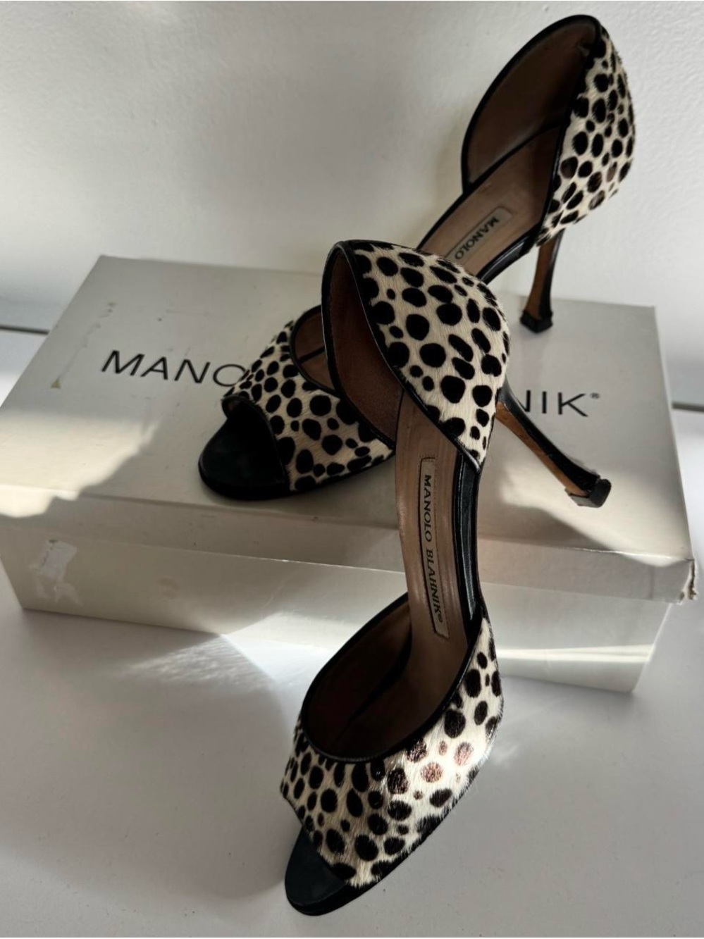Manolo Blahnik Black and White Dalmatian Peep-Toe Pumps